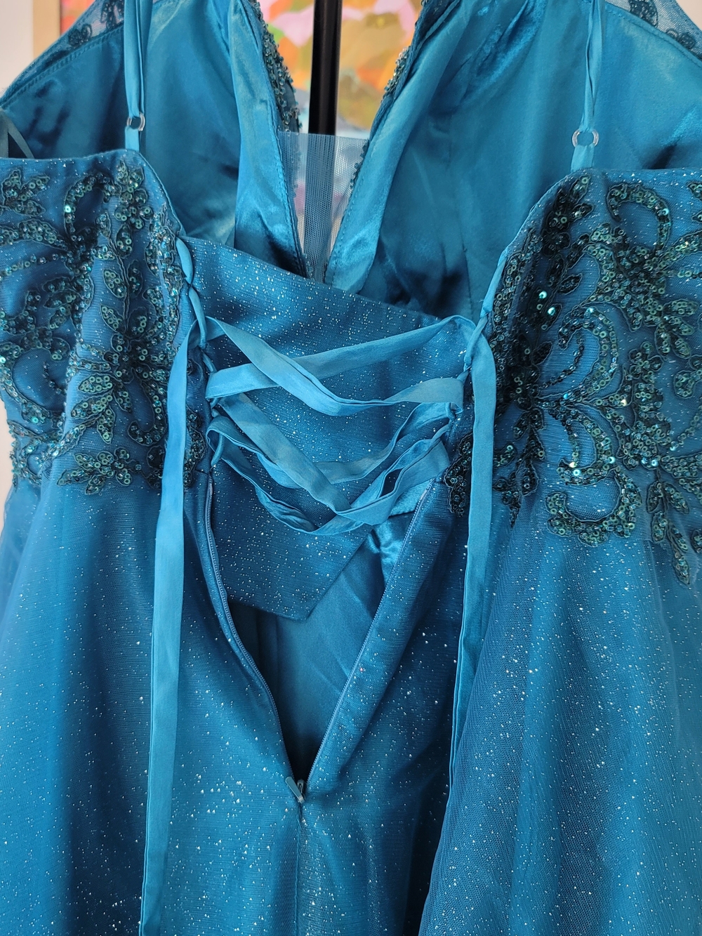 NWOT Teal Sequin Tulle Short Party Prom Cocktail Dress Glitter Size 16 - Picture 6 of 12